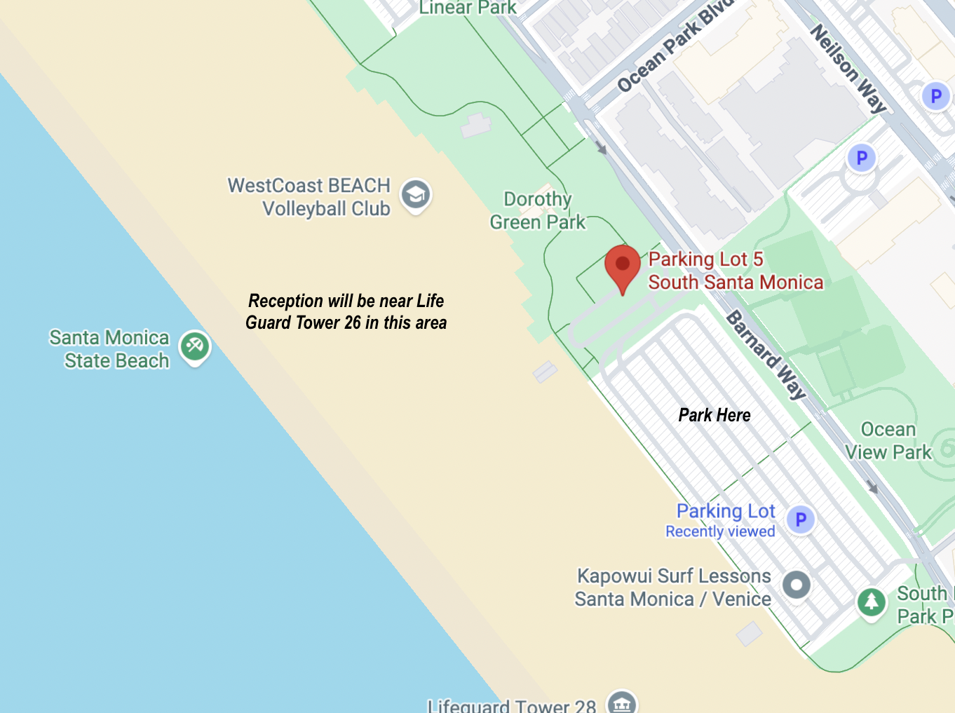 Map showing Santa Monica beach party location near Lifeguard Tower 26